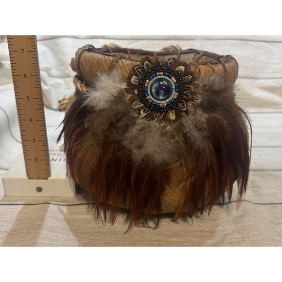 Other - Vintage Handmade Native American Basket with Real Fur & Feathers Embellishments